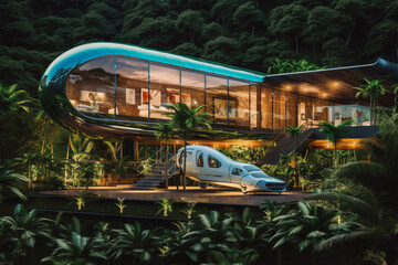 Luxury plane shaped villa in the middle of green forest.