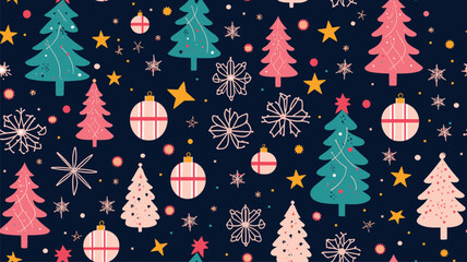 Christmas seamless pattern with Christmas trees, gifts, toys and snowflakes. Vector festive background