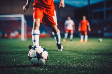 Soccer player ready for the penalty shot, close up of soccer player lower leg shot upfront,