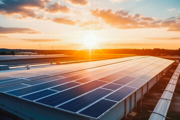 Close up of solar panels on industry building with sunset light in the background