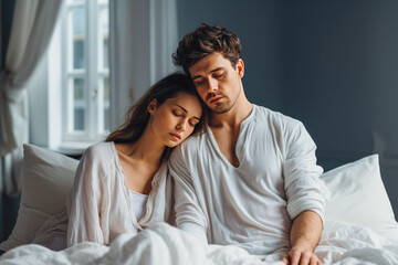 Obraz premium Tired young couple laying sleepy in a bed with white sheets