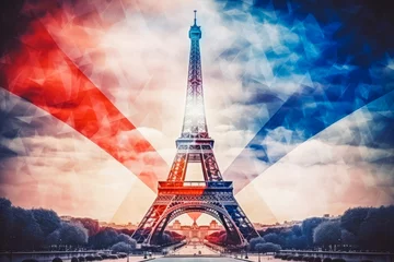 Foto auf Acrylglas Eiffelturm Tour eiffel tower at sunset with France flag double exposure