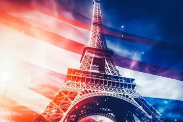 Poster Tour eiffel tower at sunset with France flag double exposure © VisualProduction