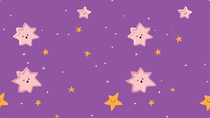 Cute cartoon stars on purple background, vector seamless pattern, children's print for fabric, paper products