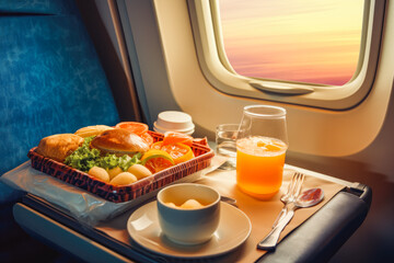 High quality meal on a airplane with window seat and sunset in the background