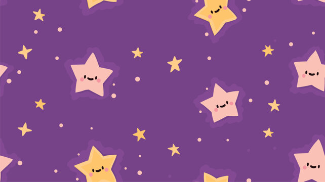 Cute cartoon stars on purple background, vector seamless pattern, children's print for fabric, paper products