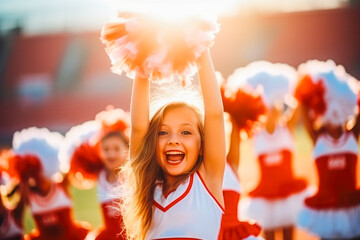 Beautiful young cheerleader in red and white smiling and cheering with pompoms in her arms, cheer leading teammates