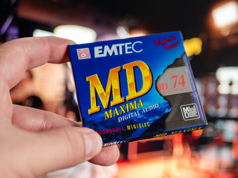 Original Packaging of EMTEC 74-Minute Recordable Mini Disc Held in Hand