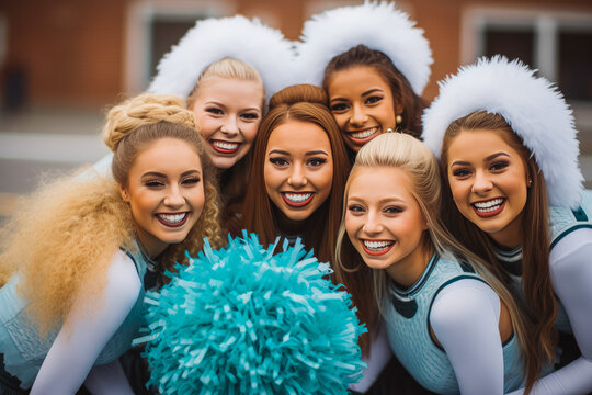Group of smiley cheerleaders posing with raised pompoms, teammates picture, togetherness