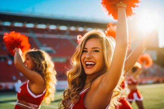 Beautiful young cheerleader in red and white smiling and cheering with pompoms in her arms, cheer leading teammates