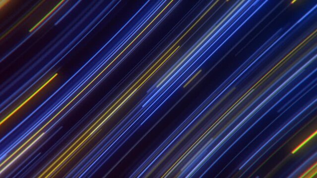 Abstract motion background with glowing gold and blue neon light beams moving diagonally across the frame at high speed. This trendy gaming background animation is full HD and a seamless loop.