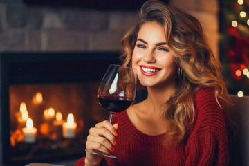 Beautiful young woman smiling and drinking red wine in front of a fire place in her living room, cozy atmosphere