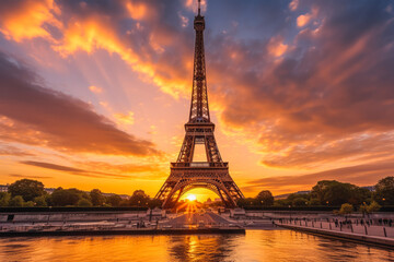 Fototapeta na wymiar Beautiful shot of eiffel tower with a orange sunset in the background, lovely tourist attraction