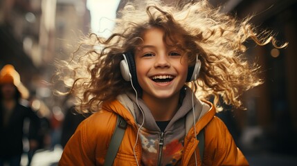 A bright smiling girl in headphones walks on the street. Fun atmosphere, listen to music while...