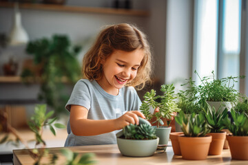 Happy young kid taking care of plant in the living room, nature in home, plant care