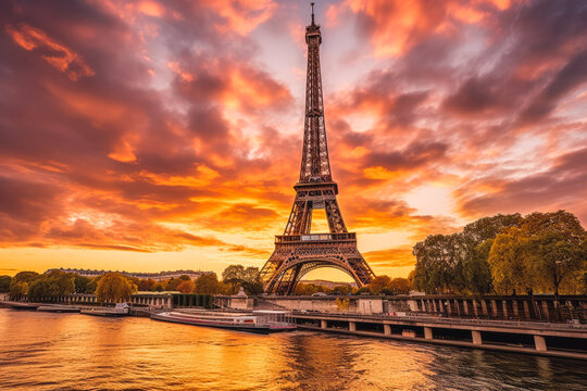 Beautiful shot of eiffel tower with a orange sunset in the background, lovely tourist attraction