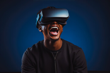 Young excited man trying on virtual reality simulator glasses in his living room, having fun and smiling while looking at virtual realty