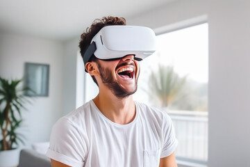 Young excited man trying on virtual reality simulator glasses in his living room, having fun and smiling while looking at virtual realty