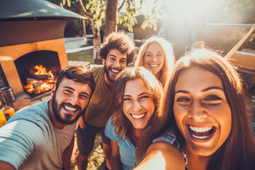 A group of friends taking a picture while having fun at a barbecue, outdoor picnic activity on a sunny day