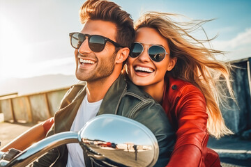 Young attractive couple smiling and posing on motor bike,ready for fun ride on sunny day