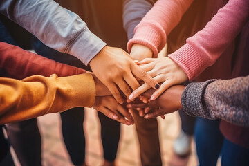 Close up of millennial friends stacking hands together, multiracial diversity, unity