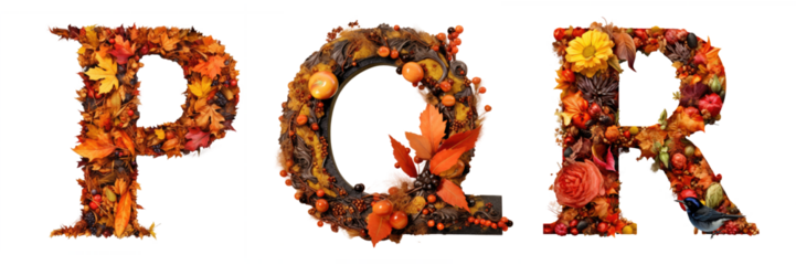 Autumn P, Q, R letters font isolated on transparent background - Generative AI
