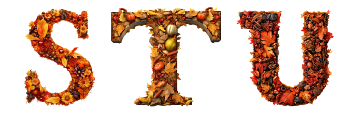 Autumn S, T, U letters font isolated on transparent background - Generative AI