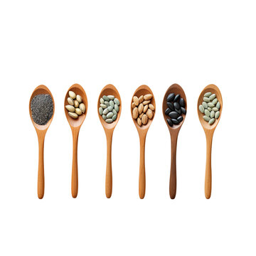 transparent background with wooden spoon holding different seeds
