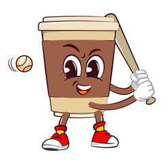 Cute happy coffee paper cup mascot playing softball as a hitter with a bat. Isolated vector flat cartoon character illustration icon design. Coffee to go, take away concept
