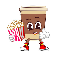 Cute happy coffee paper cup mascot with a box of popcorn. Isolated vector flat cartoon character illustration icon design. Coffee to go, take away concept