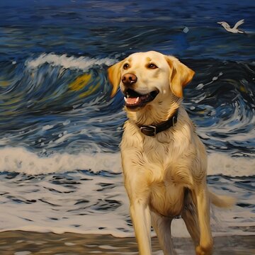 golden retriever on the beach painting