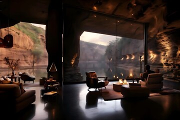 Luxury room interiror inside the cave with a good view of the hall and the nature through the glass in front for a calm evening. Generatiev AI.