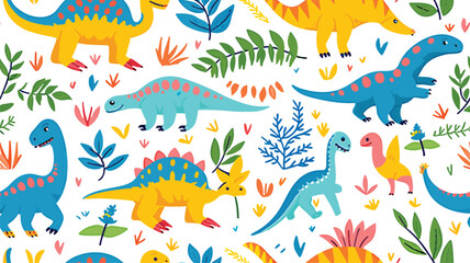 Fototapeta na wymiar Cute dinosaurs and tropical plants, childrens colorful print on fabric, postcards. Vector seamless pattern on white background