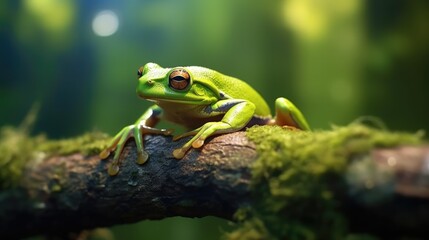 Green frog on branch, with blur bokeh background
