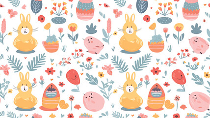 Cute Easter seamless pattern, bunnies, egg baskets, flowers and chickens. Ideal for paper and textile products