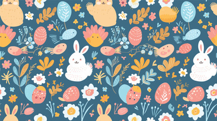 Cute Easter seamless pattern, bunnies, egg baskets, flowers and chickens. Ideal for paper and textile products