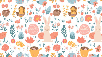 Cute Easter seamless pattern, bunnies, egg baskets, flowers and chickens. Ideal for paper and textile products