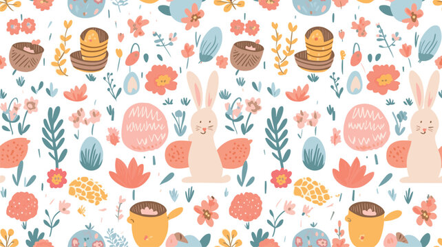 Cute Easter seamless pattern, bunnies, egg baskets, flowers and chickens. Ideal for paper and textile products