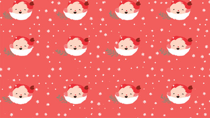 Cute Santa Claus face with snowflakes, vector seamless Christmas pattern