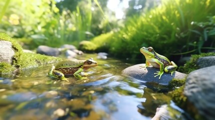 Green frogs are jumping towards the pond