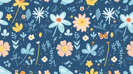 Cute spring vector seamless pattern with sun, butterflies, flowers and other plants on blue background