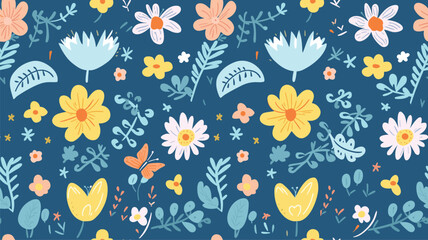 Cute spring vector seamless pattern with sun, butterflies, flowers and other plants on blue background