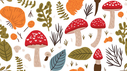 Different mushrooms with leaves and berries on white background, vector seamless pattern