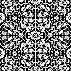 Seamless pattern with Indian ethnic flowers in black and white