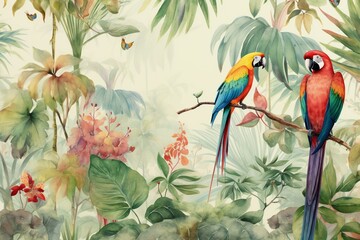 Watercolor rainforest wallpaper with trees, palms, birds, butterflies, parrots, and flamingos. Generative AI