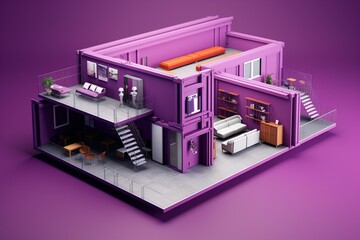 Cutaway of 10x20 feet storage units on purple background, showcasing furniture visualization and capacity demonstration for warehouse company. Generative AI