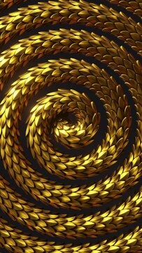 3d cycled vertical video, abstract fantasy background with spiral golden snake moving, shiny metallic dragon scales texture, animated wallpaper