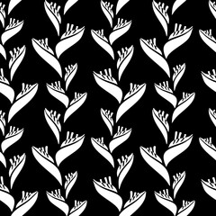 Seamless pattern with stylized heliconia flowers in black and white