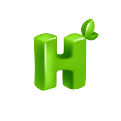 Letter H logo 3D render in cartoon cubic style with green leaves. Eco-friendly vector illustration. Impossible isometric shapes. Perfect for nature banner, healthy food labels, garden, and grass adv.