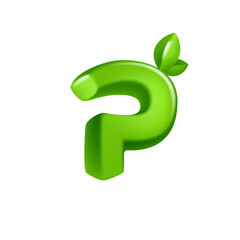 Letter P logo 3D render in cartoon cubic style with green leaves. Eco-friendly vector illustration. Impossible isometric shapes. Perfect for nature banner, healthy food labels, garden, and grass adv.